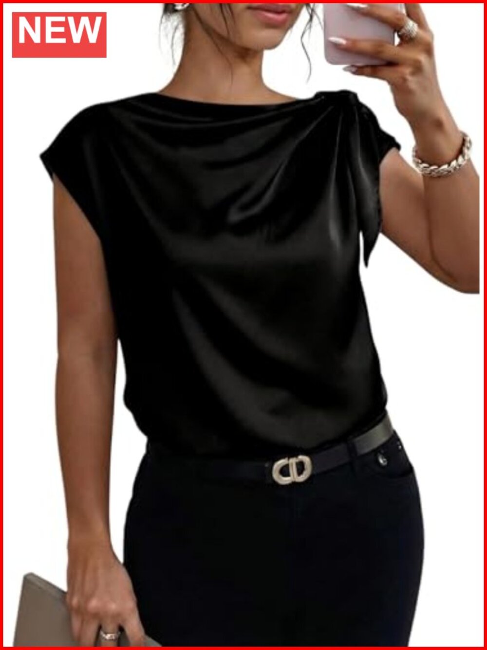 Dressy Casual Cowl Neck Short Sleeve Satin Blouse Women's Top